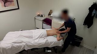 A gorgeous Japanese waitress who was like `no —  no —  no —  I have a boyfriend` when her massage therapist was about to fuck her pussy —  but she finished her massage with a big smile on her face