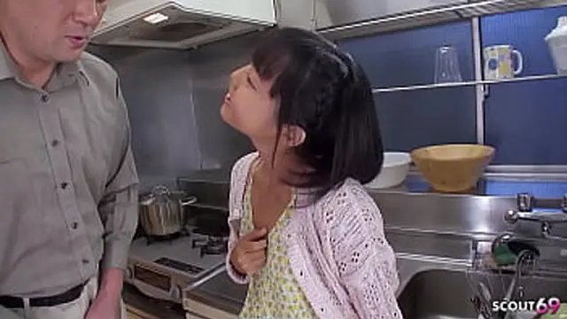 Petite Japanese girlfriend enjoys first time blowjob and sperm tasting from older man in uncensored JAV