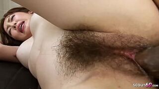 Asian Girl get Cum deep in her Hairy Pussy in Massage Parlour