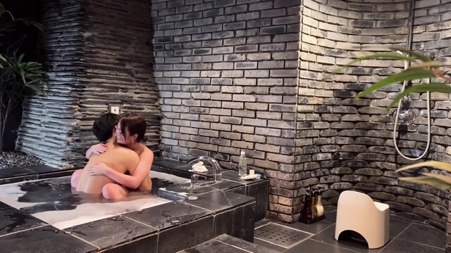 Japanese housewife gives a sloppy blowjob in fishnet stockings after bath